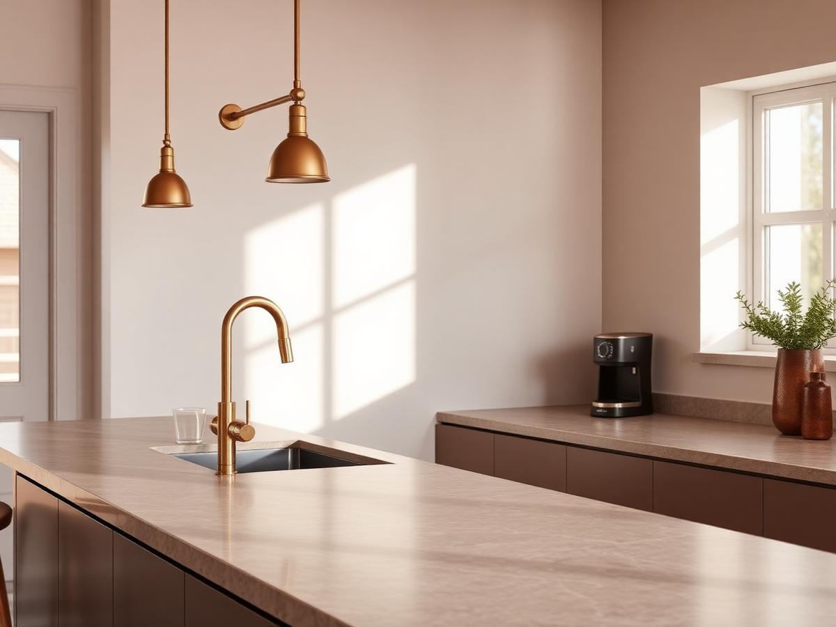 Modern kitchen with stone counters and brass fixtures